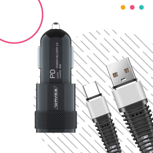 Waves Car Charger & Type-C Data Cable