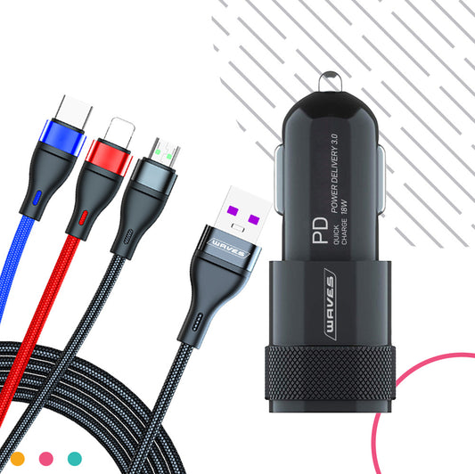 Waves Car Charger & 3-in-1 data cable