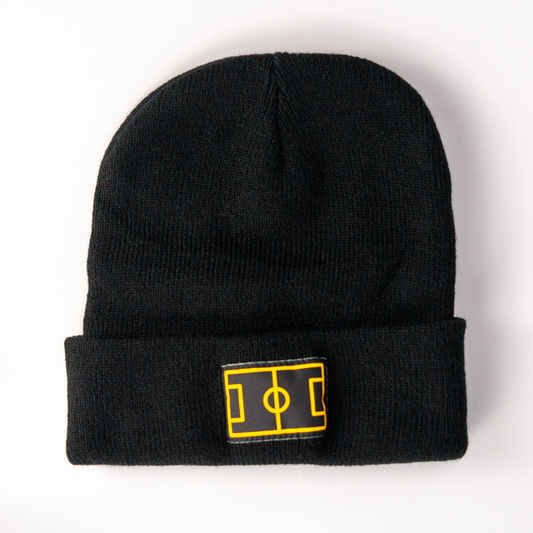 Black beanie with a yellow and white logo