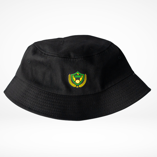 Black bucket hat with a logo