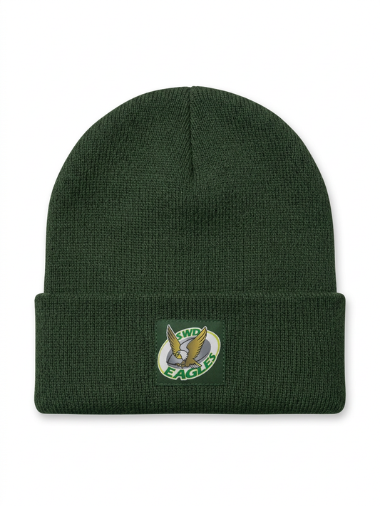 Green beanie with a logo