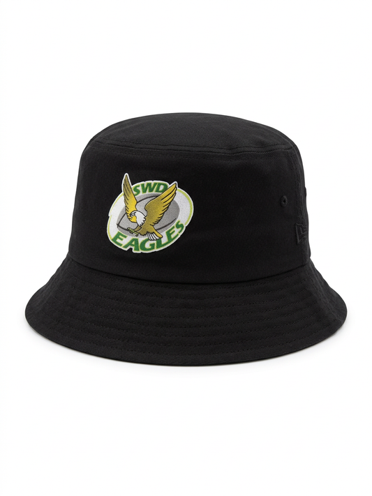 Black bucket hat with a logo
