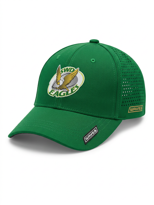 Green cap with logo and brand name