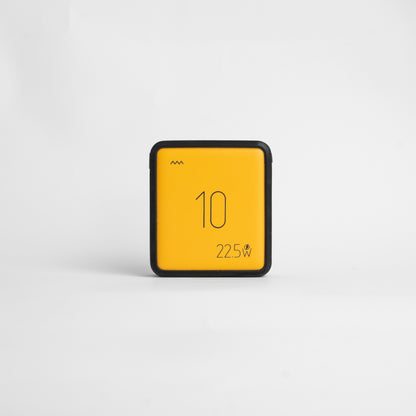 Yellow device with printed text